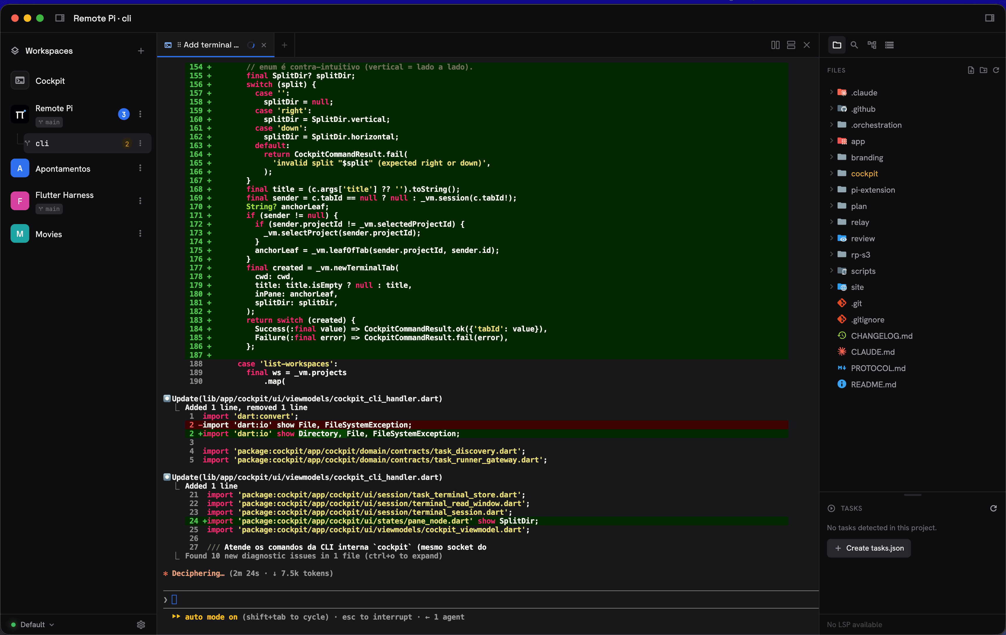An agent working in a Cockpit tab on a git worktree, with an inline green-and-red diff and new diagnostic issues reported.