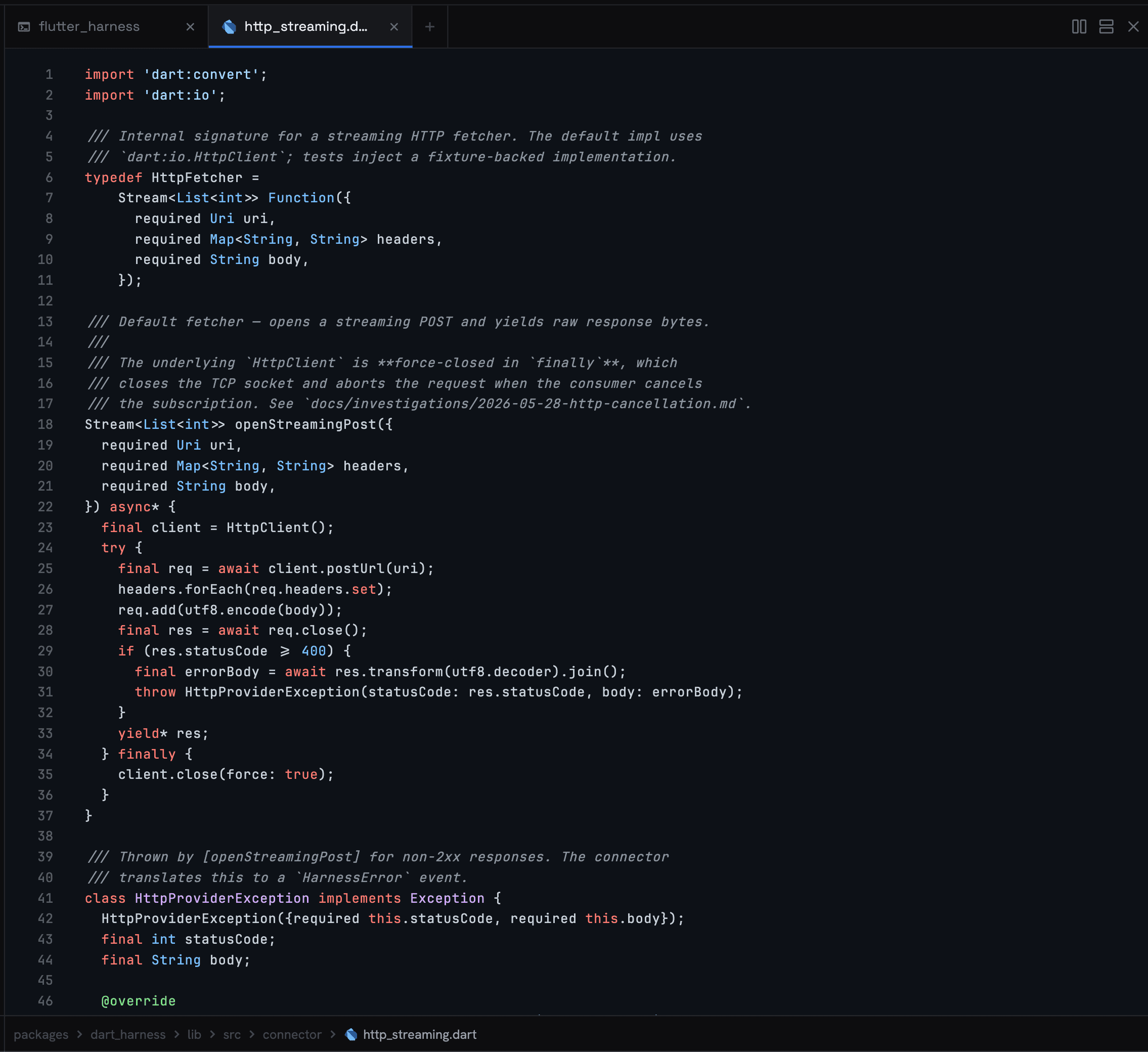 Cockpit's code viewer showing a Dart file with syntax highlighting, styled documentation comments, and a file path breadcrumb.