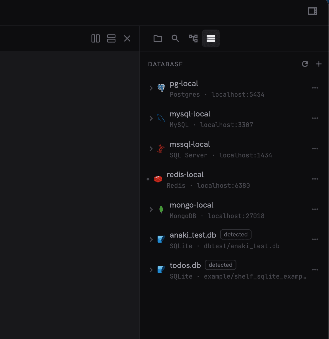 Cockpit's Database panel listing Postgres, MySQL, SQL Server, Redis, MongoDB, and an auto-detected SQLite connection.