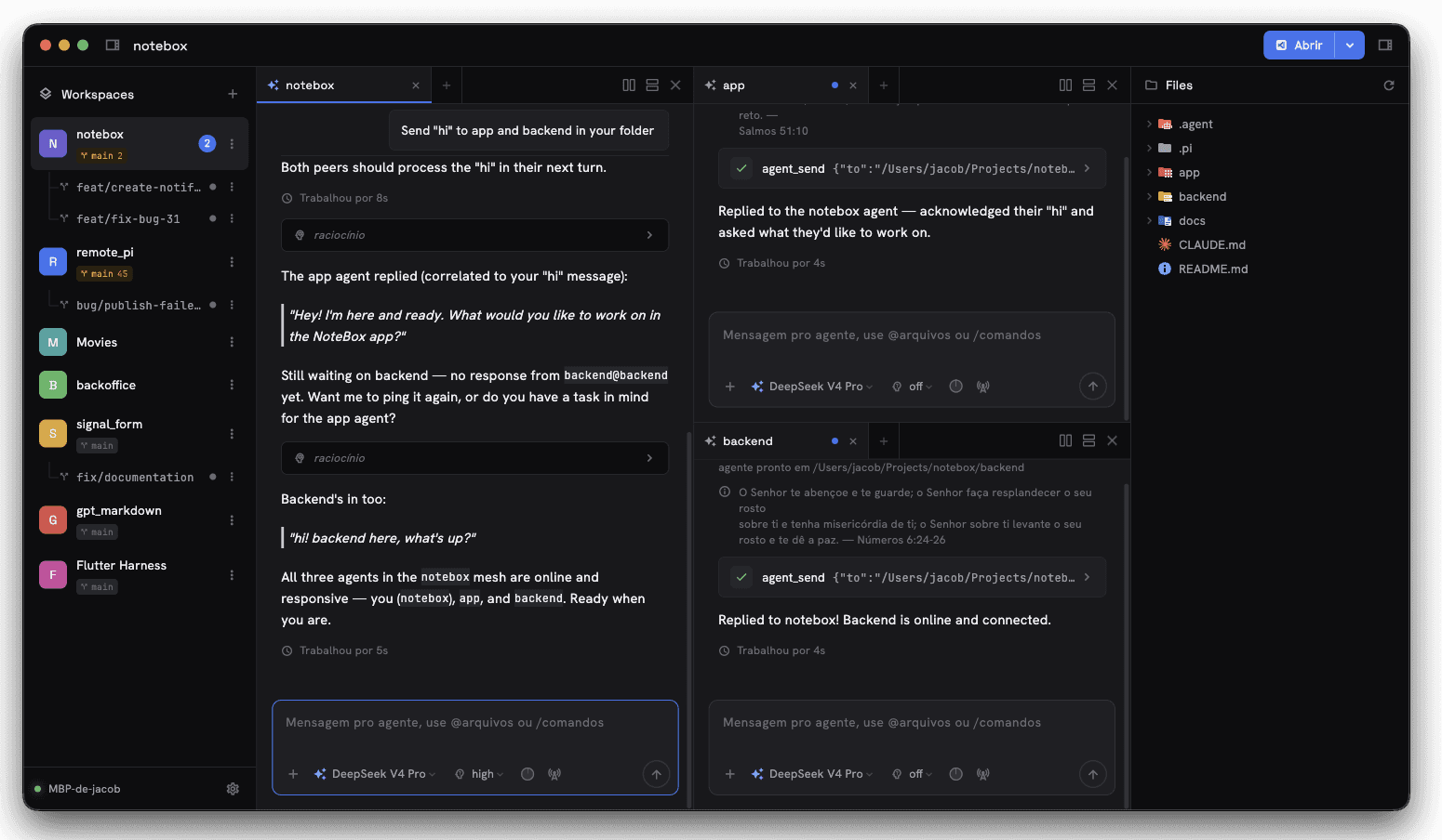 Remote Pi Cockpit showing three AI agents and a terminal running side by side across panes, with a workspace sidebar and file tree.